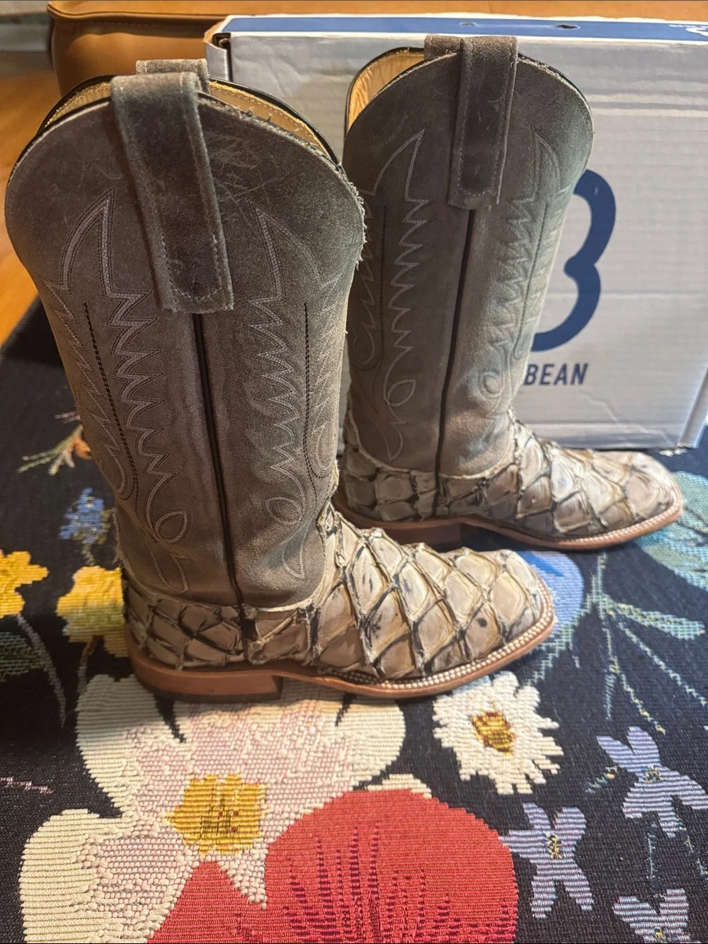Anderson Bean Big Bass Boots Men's 9C Suede Wide Square Toe Exotic arapaima fish